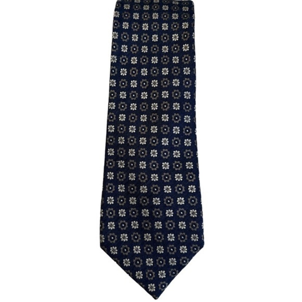 Stafford Geometric Print Matte Silk Twill Tie, Navy Blue & Silver, 3.5”